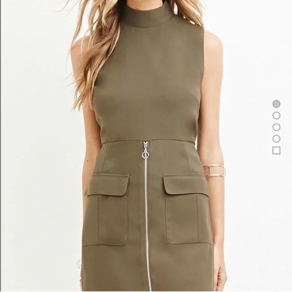 2/$15 Forever 21 olive green sleeveless mock neck mini dress with zipper  detail